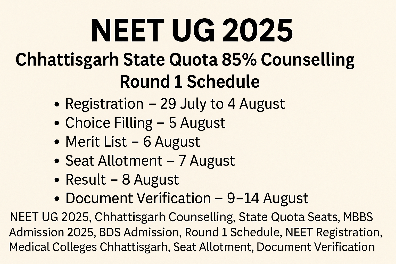 NEET UG 2025 Chhattisgarh State Quota 85% Counselling Round 1 Schedule