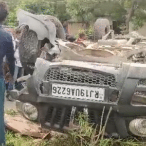 डॉग को बचाने के प्रयास में हुआ हादसा:डिवाइडर से टकराकर पलटी स्कॉर्पियो, वाहन चालकों ने युवक को निकाला बाहर