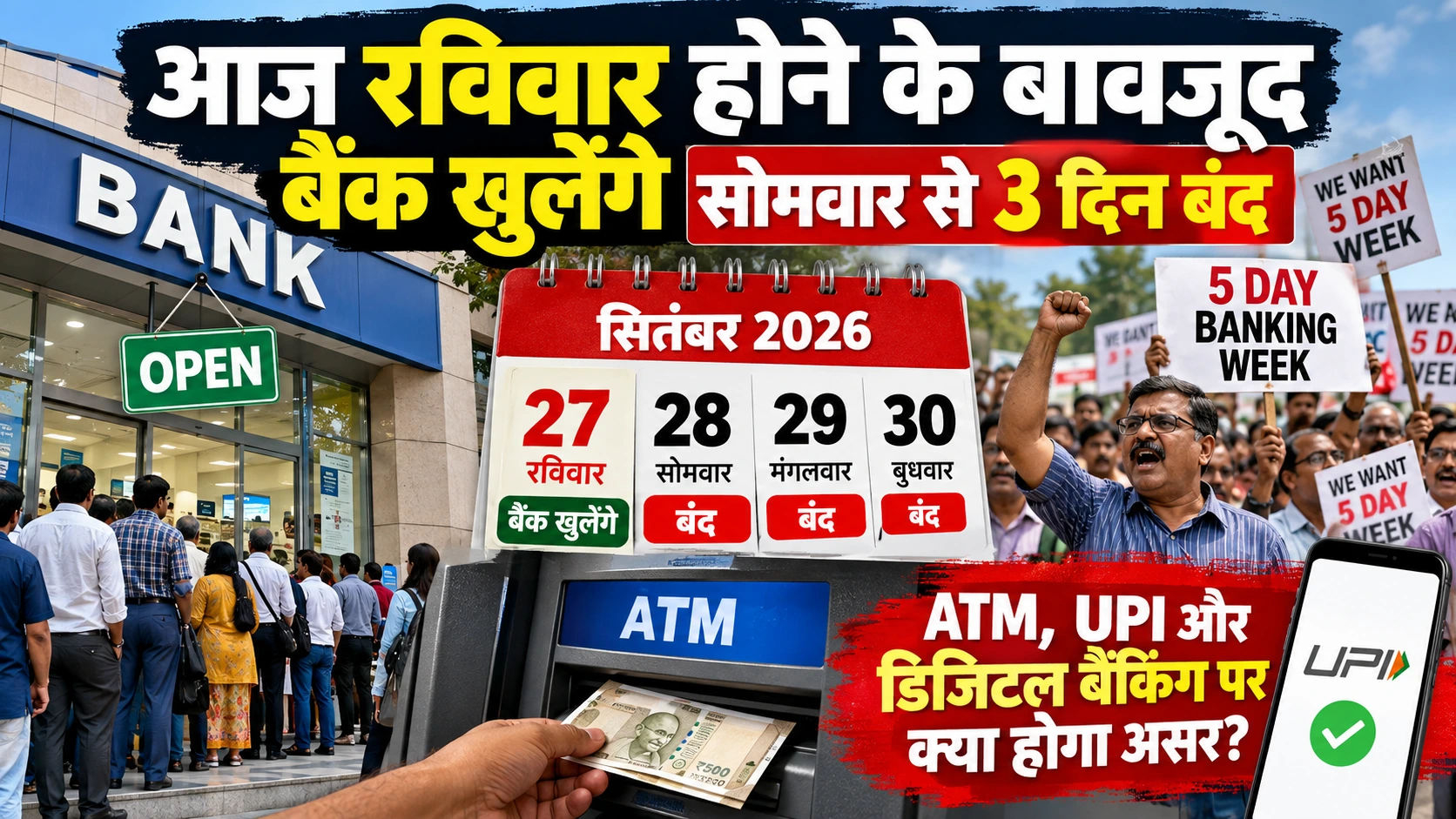 Bank Strike 2026: रविवार को खुलेंगे सरकारी बैंक, 28 से 30 सितंबर तक हड़ताल; जानें ATM, UPI और बैंकिंग सेवाओं पर क्या होगा असर
